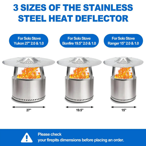 Three sizes of stainless steel heat deflectors for Yukon, Bonfire, and Ranger pits with visible flame illustrations.