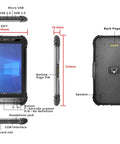 Tough As Nails Eight Inch Windows 10 Industrial Tablet with ports and buttons labeled for job site use and rugged performance.