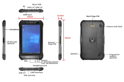Tough As Nails Eight Inch Windows 10 Industrial Tablet with ports and buttons labeled for job site use and rugged performance.