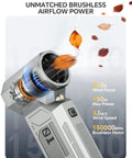 Powerful Cordless Air Duster With LED Display And Brushless Motor 150000 RPM blowing leaves, showcasing airflow power.