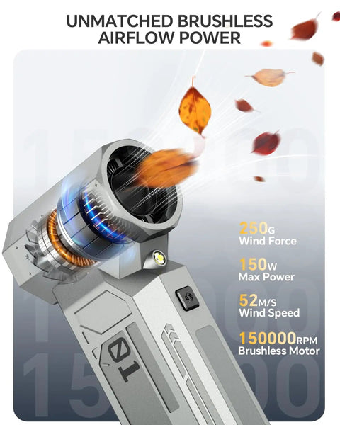 Powerful Cordless Air Duster With LED Display And Brushless Motor 150000 RPM blowing leaves, showcasing airflow power.