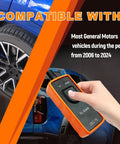 Professional Grade Tpms Tire Pressure Sensor Relearn Tool Compatible With El 50448 Oec T5 For General Motors Vehicles 315 Megahertz 433 Megahertz, handheld device and tire.