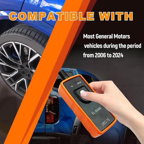 Professional Grade Tpms Tire Pressure Sensor Relearn Tool Compatible With El 50448 Oec T5 For General Motors Vehicles 315 Megahertz 433 Megahertz, handheld device and tire.