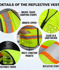 High Visibility Reflective Safety Vest With Custom Logo Hi Vis Work Uniform Built Tough For Construction Sites And Trucking Pros Who Gotta Get The Job Done showing pockets, breathable fabric, and smooth zipper.