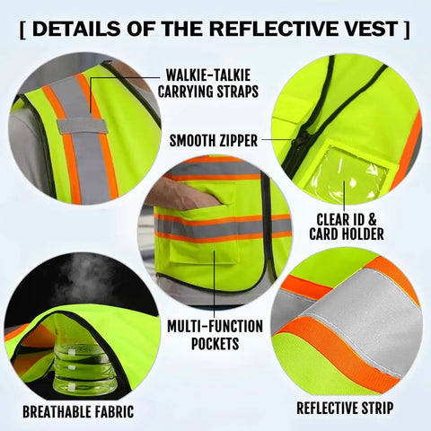 High Visibility Reflective Safety Vest With Custom Logo Hi Vis Work Uniform Built Tough For Construction Sites And Trucking Pros Who Gotta Get The Job Done showing pockets, breathable fabric, and smooth zipper.
