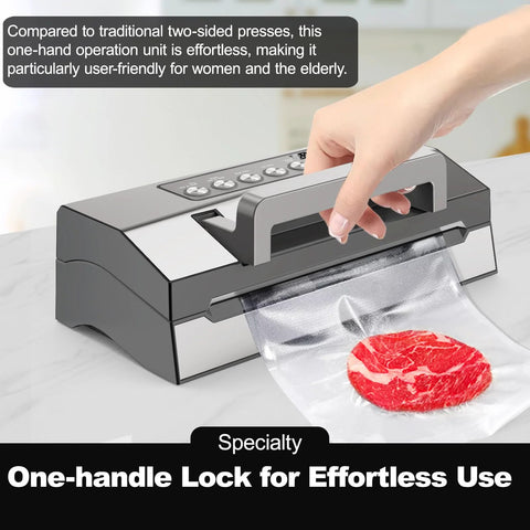 Front view of a gray kitchen vacuum sealer on a countertop sealing a plastic bag with steak inside.
