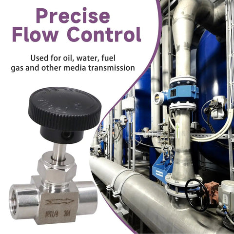 Needle Valve 1 Quarter Inch NPT Female Thread Hydraulic Flow Control Valve in 304 Stainless Steel, installed in piping system.