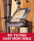 90° tilting cast iron table on Beefy 20 Inch Smart Drill Press With Brushless Motor For precise woodworking drill setups.