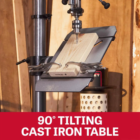 90° tilting cast iron table on Beefy 20 Inch Smart Drill Press With Brushless Motor For precise woodworking drill setups.