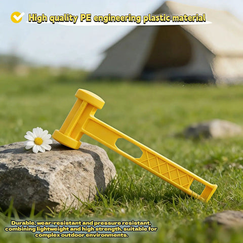Camping Tent Stake Hammer With Puller Ultralight Nine Point Eight Four Inch Mallet Yellow PE Plastic Handle on ground