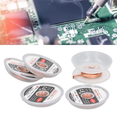 Red Copper Solder Wick Desoldering Braid Pack 5 Pieces 1.5m 4.9ft shown with PCB for phone repair