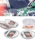 Red Copper Solder Wick Desoldering Braid Pro Grade High Thermal Conductivity For Electronics Repair, spools and PCB close-up