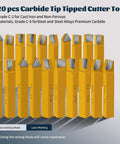 Front view of 20-piece carbide-tipped lathe cutter tool set in yellow handles with assorted tips.