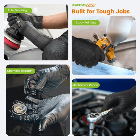 10 Mil Nitrile Gloves Large Disposable Heavy Duty Work Gloves With Raised Diamond Texture For Auto Repair Garage And Industrial Tasks Tough As Nails Latex Free 50 Count, shown in use for mechanical and detailing tasks.