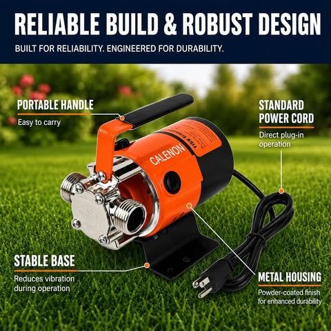 Heavy Duty 115V Electric Water Transfer Pump Delivers No Sweat 330 GPH Flow With A Rock Solid Build And A Dependable Forty Foot Lift For All Your Wet Yard Tasks on grass, showing portable handle and stable base.