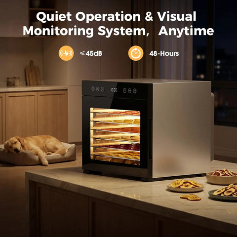 Eight Tray Stainless Steel Food Dehydrator With Digital Timer And Precise Temperature Control Auto Shut Off Ultra Quiet 650W Motor For Homemade Jerky Dried Fruits And Custom Dog Treats Keeps Your Snack Game Legit on kitchen counter with fruit slices.