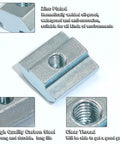 Close-up of M4 Slide In T Nut Tee Sliding Nut For Aluminum Extrusion 2020 Series 6mm Slot, zinc plated carbon steel with clear thread.