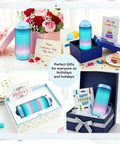 Powerful Portable Wireless Bluetooth Speaker With Stereo Sound LED Lights And Long 36 Hour Battery Life IPX4 Waterproof BT53 TWS Pairing Built In Mic Ideal For Outdoors Home Parties And Travel Powder Blue Gift, displayed in various gift boxes for occasions.