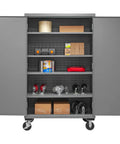Rock Solid Locking Mobile Storage Cabinet With Four Adjustable Shelves And Flush Steel Doors 48 Inches Wide Gray heavy-duty cabinet interior with tools and storage items.