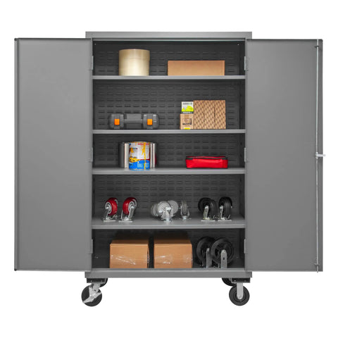 Rock Solid Locking Mobile Storage Cabinet With Four Adjustable Shelves And Flush Steel Doors 48 Inches Wide Gray heavy-duty cabinet interior with tools and storage items.