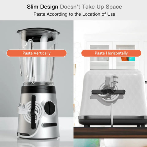 Image showing Slim Cord Organizer for Kitchen Appliances 4 Pack Keeps Thick Power Cords No Mess Neatly Tidy with strong adhesive on blender and toaster.