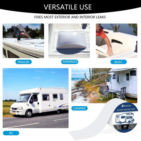 Image showing "Versatile Use" of RV Roof Seal Tape White 4 Inch By 50 Feet Self Adhesive Butyl Roof Sealant for various vehicles.