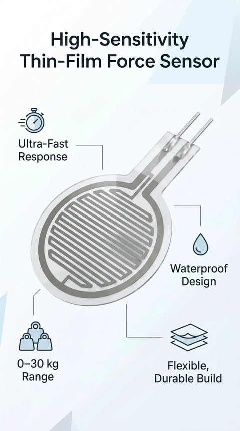 High-Sensitivity Thin-Film Force Sensor with flexible build, waterproof design, 0-30 kg range for precise pressure mapping.