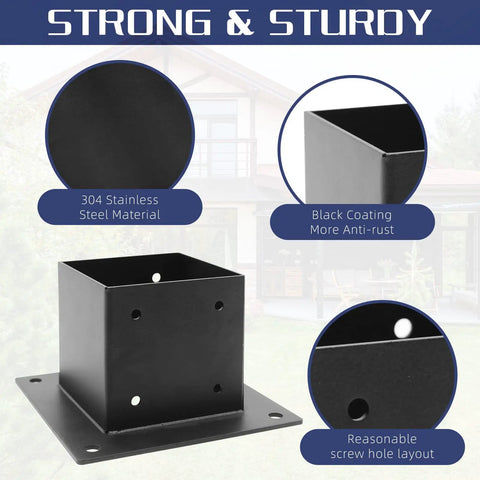 Heavy Duty 4x4 Post Base Anchors for Deck Fence and Pergola, Steel Brackets With Black Coated Finish, Anti Corrosion, 4 Pack