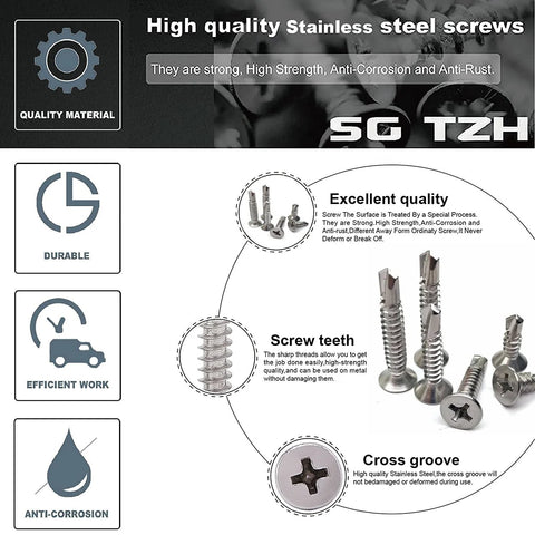 Number Ten By One And A Half Inch Sheet Metal Screws, 100 Pieces, 410 Stainless Steel Flat Head Self Tapping Tek Screws image with features
