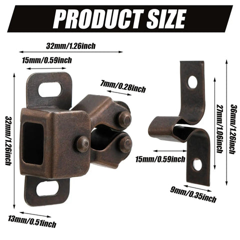 Heavy Duty 20 Piece Cabinet Door Latch And Catch Kit In Rich Brown Antique Copper Finish Solid Galvanized Steel dimensions displayed.