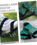 Adjustable Lawn Aerator Shoes Straps with durable spiked shoelaces in use on grass and close-up view