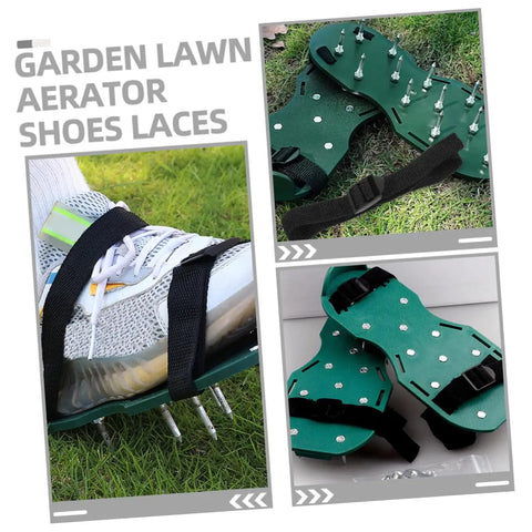 Adjustable Lawn Aerator Shoes Straps with durable spiked shoelaces in use on grass and close-up view