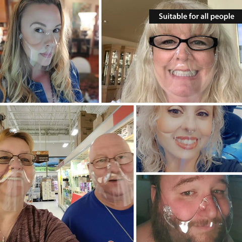 Various people wearing Transparent Face Shield For Men And Women, Lightweight Anti Fog Protective Shield in different settings.