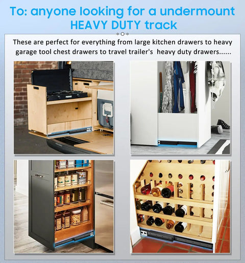 Heavy Duty Undermount Drawer Slides With Full Extension Ball Bearing Runners installed in various cabinets and wardrobes