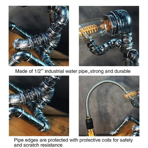 Detailed view of Dope Handcrafted Steampunk Water Pipe Robot Desk Lamp With Vintage Industrial Vibe For Bedside And Desk showing industrial pipework.