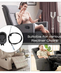 Heavy Duty Recliner Handle And Pull Cable Kit For Repairing Worn Out Sofas And Sectionals With No Sweat Setup And Sweet Smooth Glide That Works Like A Charm In Your Home, shown with recliner chairs.
