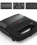 3 In 1 Waffle, Grill And Sandwich Maker With Removable Nonstick Plates, Indicator Lights, 800W Power, Compact Black appliance