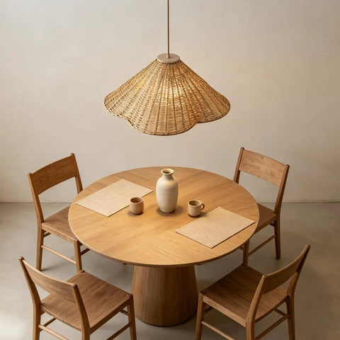 DLITISH 19'' Hand Woven Rattan Pendant Light with Glass Shade hanging above a round wooden dining table.