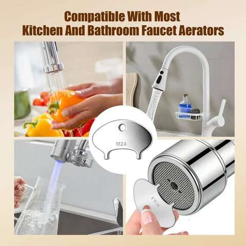 No Sweat Faucet Aerator Removal Tool And 6 Size Sink Filter Wrench Set crafted from tough 304 stainless steel with key ring, showing faucet compatibility.