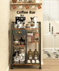 Rustic Wood Coffee Cart With Dope Multi Tier Layout And Slick Brake Lock Wheels For Easy Rolling Serving Station in home coffee bar setting.