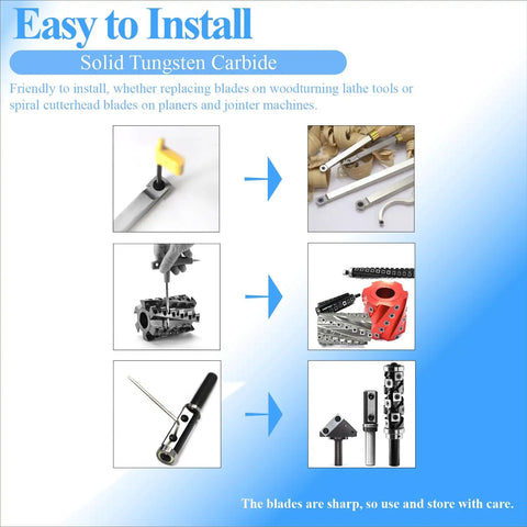 Easy to install solid tungsten carbide cutter inserts for woodworking lathe and planer tools.