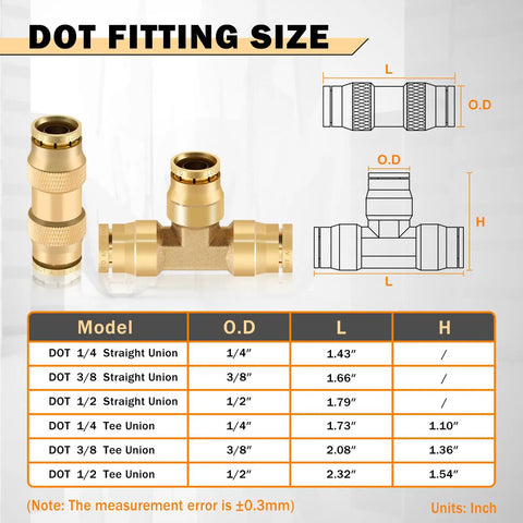 Brass DOT Air Line Fittings Kit 35 Piece Set with size chart for air brake system including straight and tee unions.