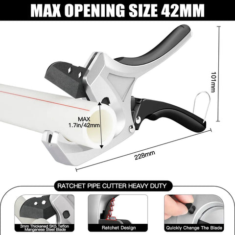 Ratcheting PVC Pipe Cutter With Soft Grip Handle, Cuts Up To 1-5/8 Inch (42mm), V Shaped SK5 Steel Blade, cutting pipe