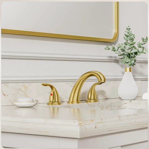 Brushed Gold Widespread 8 Inch 2-Handle Bathroom Faucet With 3-Hole Setup And Metal Pop Up Drain Assembly Low Arc Sink Faucet For 1.38 Inch Thick Countertops Modern Design WF008-5-BG installed on marble counter