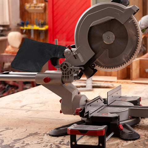 Shop Beast 2 Pack Black Dust Collection Bags Zipper Lock on miter saw for clean wood cutting and debris capture.