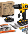 Rock Solid 20V Cordless Impact Drill Kit Featuring Knockout Power And Variable Speed Settings 18 Plus 1 Torque Adjustments Compact Build Including Battery And Charger For Daily Diy Tasks And Home Repair Hustles with battery and accessories on display.