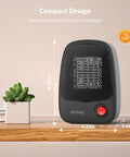 Small Space Heater With Overheat Protection, 500W PTC Ceramic, Fast Heating And Whisper Quiet, Ultra Portable Electric Heater displayed on a desk