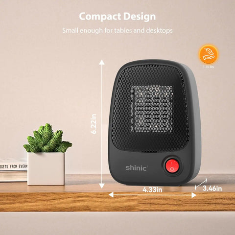 Small Space Heater With Overheat Protection, 500W PTC Ceramic, Fast Heating And Whisper Quiet, Ultra Portable Electric Heater displayed on a desk