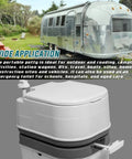 Portable Camping Toilet With Splash Free Flush Anti Leak Water Pump Large Capacity Waste Tank Quick And Easy Setup shown outdoors