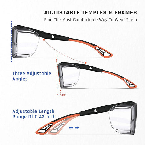 Kick Up Dust Without Fogging Out These Safety Glasses Fit Seamless Over Your Specs Scratch Proof Lenses Ansi Certified Gear Adjustable Temples UV Shield showing adjustable frames and angles